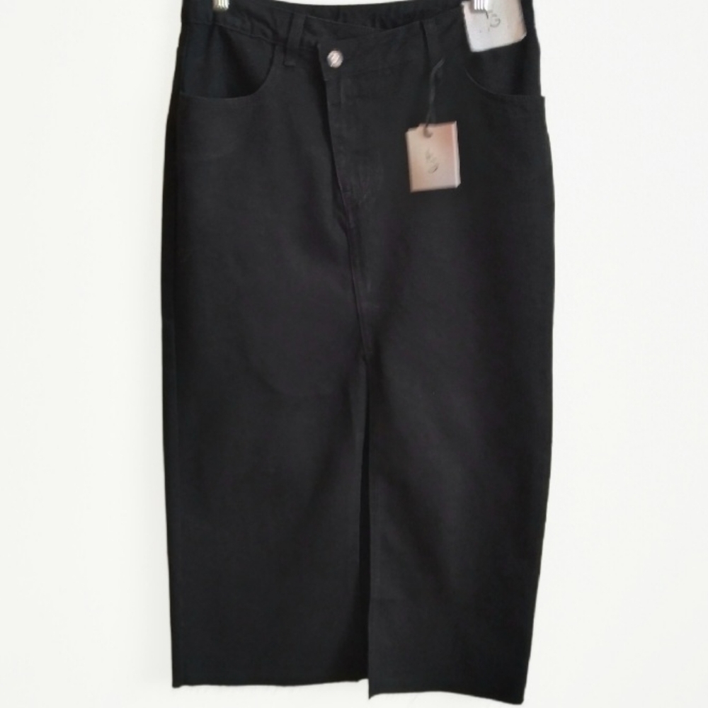 Black Maxi Denim Front Slit Criss Cross Waist Skirt Size 9